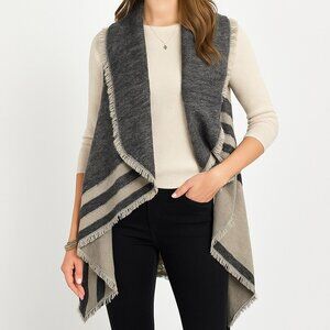 Womens One Size Cardigan Vest Waterfall Open Front Striped Fringe Hem Gray Black